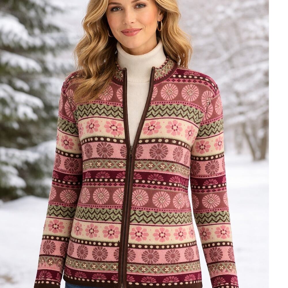 Icelandic Designs Full Zip Cardigan Womens Medium Pink Brown Angora Nordic